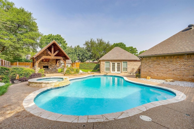 5800 Montford Dr, Colleyville, TX 76034 - view of pool featuring french doors, an exterior structure, a patio, and an outbuilding
