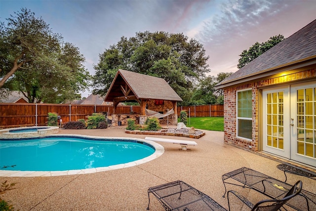 5800 Montford Dr, Colleyville, TX 76034 - view of swimming pool featuring a gazebo, french doors, an in-ground hot tub, a patio, and a diving board