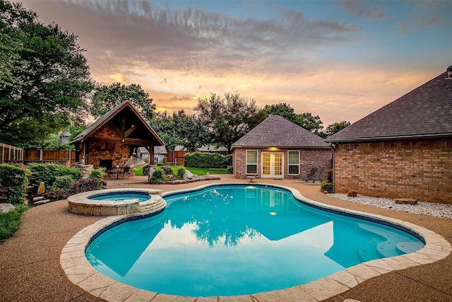 5800 Montford Dr, Colleyville, TX 76034 - view of pool with a patio, french doors, a storage structure, an outdoor structure, and a gazebo
