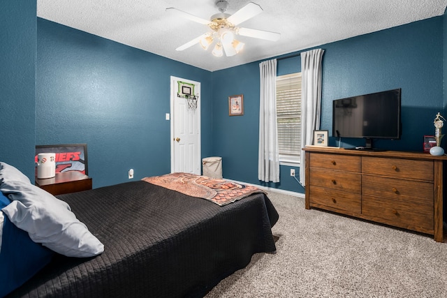 7612 Brittany Pl, Fort Worth, TX 76137 - bedroom with a textured wall, carpet flooring, a textured ceiling, and ceiling fan