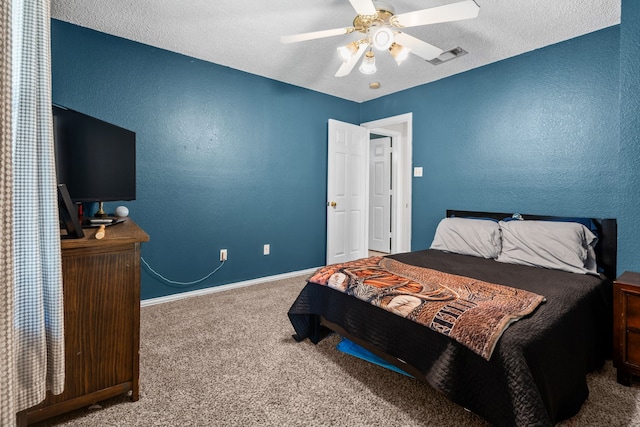 7612 Brittany Pl, Fort Worth, TX 76137 - carpeted bedroom featuring a textured wall, baseboards, a ceiling fan, and a textured ceiling