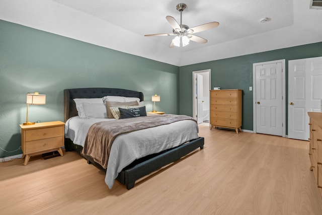 7612 Brittany Pl, Fort Worth, TX 76137 - bedroom with light wood finished floors, baseboards, a ceiling fan, and lofted ceiling