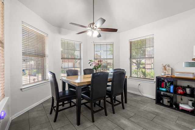 7612 Brittany Pl, Fort Worth, TX 76137 - dining area featuring a ceiling fan, lofted ceiling, and baseboards