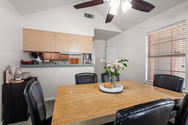 7612 Brittany Pl, Fort Worth, TX 76137 - dining area with ceiling fan and high vaulted ceiling