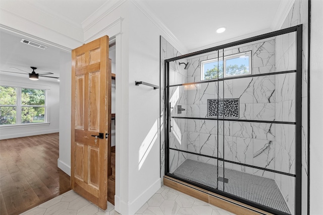 2925 Edmond Ave, Waco, TX 76707 - bathroom featuring crown molding, a marble finish shower, baseboards, a ceiling fan, and recessed lighting