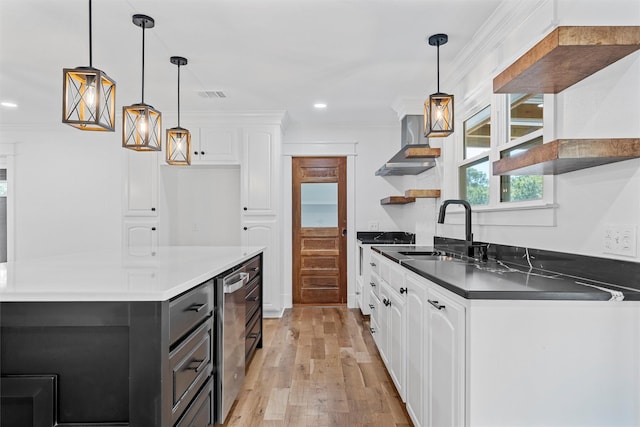 2925 Edmond Ave, Waco, TX 76707 - kitchen with open shelves, wall chimney exhaust hood, a sink, dark countertops, and white cabinets
