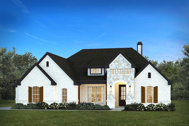 1057 Llano Way, Poolville, TX 76487 - french country inspired facade featuring brick siding, a chimney, and a front yard