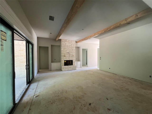 1057 Llano Way, Poolville, TX 76487 - unfurnished living room featuring beamed ceiling and a fireplace