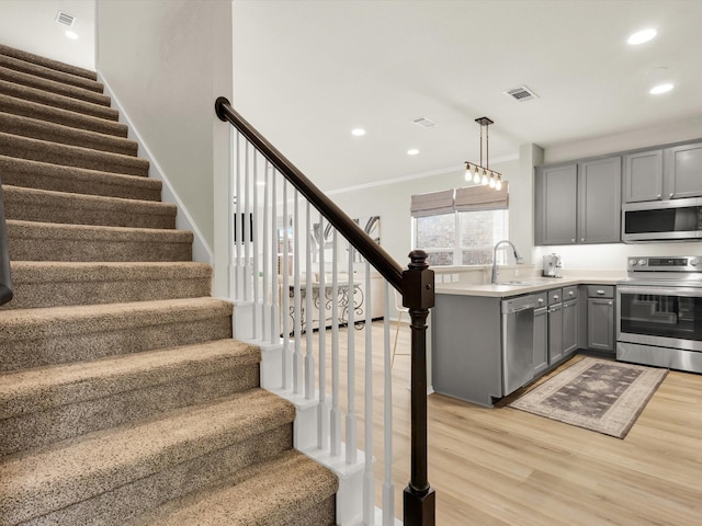 4340 Summer Star Ln, Fort Worth, TX 76244 - kitchen with appliances with stainless steel finishes, gray cabinetry, light wood-style floors, a sink, and recessed lighting