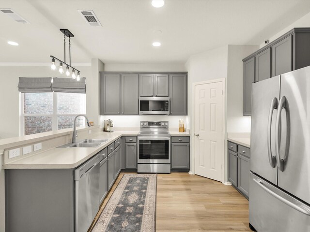 4340 Summer Star Ln, Fort Worth, TX 76244 - kitchen featuring appliances with stainless steel finishes, a sink, gray cabinetry, recessed lighting, and light wood finished floors