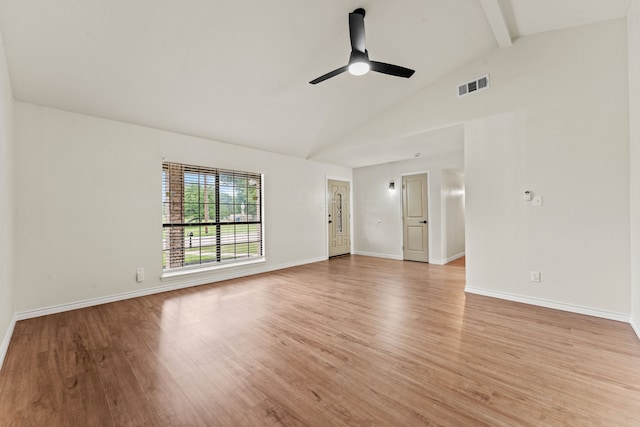 8810 Sugarberry Rd, Dallas, TX 75249 - spare room with light wood-type flooring, beam ceiling, ceiling fan, high vaulted ceiling, and baseboards