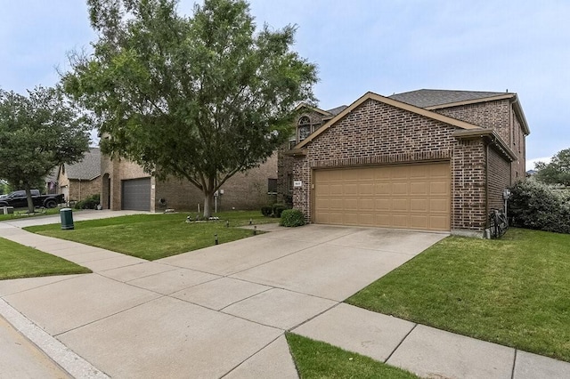 925 Lake Grove Dr, Little Elm, TX 75068 - view of front of home with brick siding, a front yard, a garage, and concrete driveway