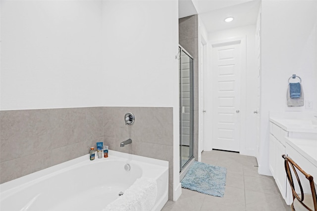 3514 Charleston Dr, Melissa, TX 75454 - bathroom with a shower stall, a bath, tile patterned flooring, and vanity