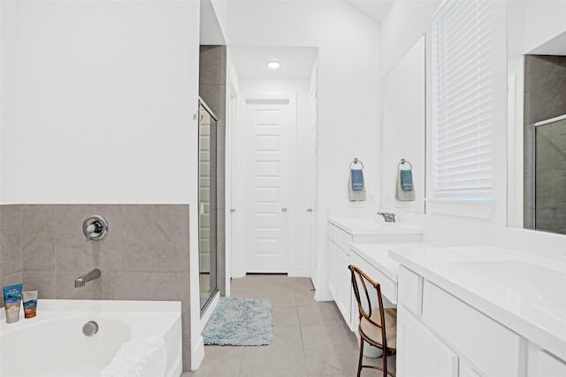 3514 Charleston Dr, Melissa, TX 75454 - full bath featuring a shower stall, tile patterned flooring, double vanity, a garden tub, and recessed lighting