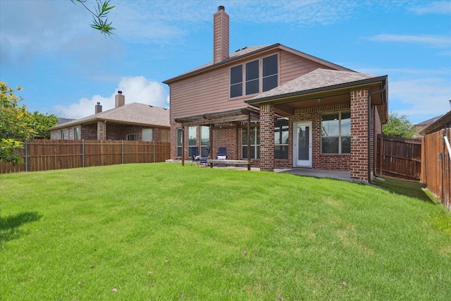 2256 Laurel Forest Dr, Fort Worth, TX 76177 - rear view of house with brick siding, a chimney, a shingled roof, and a patio area