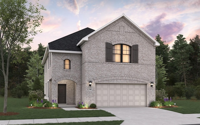 487 Silent Pond Pkwy, Lavon, TX 75166 - french country style house with brick siding, a yard, an attached garage, and driveway