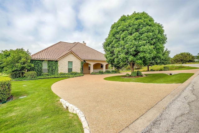 6005 Selkirk Ct, Cleburne, TX 76033 - mediterranean / spanish house with stone siding, a tile roof, curved driveway, and a front lawn