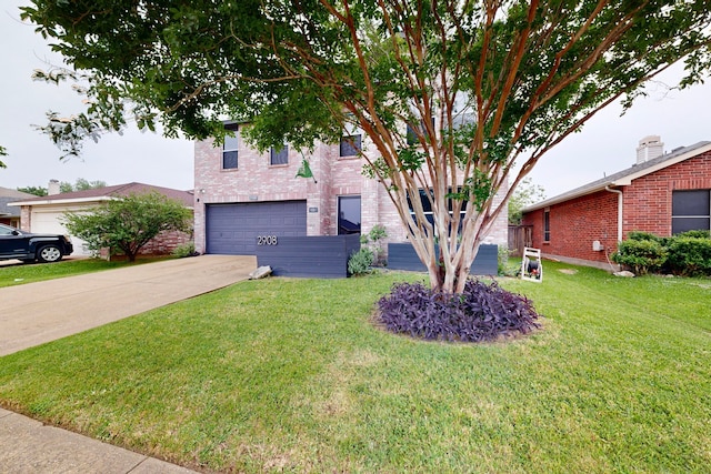 2908 Quail Run Dr, Mesquite, TX 75149 - view of front of house featuring brick siding, concrete driveway, a front yard, and an attached garage