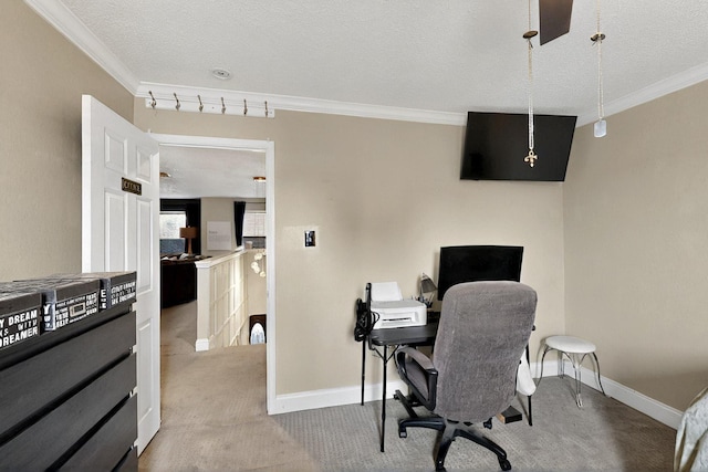 2908 Quail Run Dr, Mesquite, TX 75149 - carpeted office with ornamental molding, baseboards, and a textured ceiling
