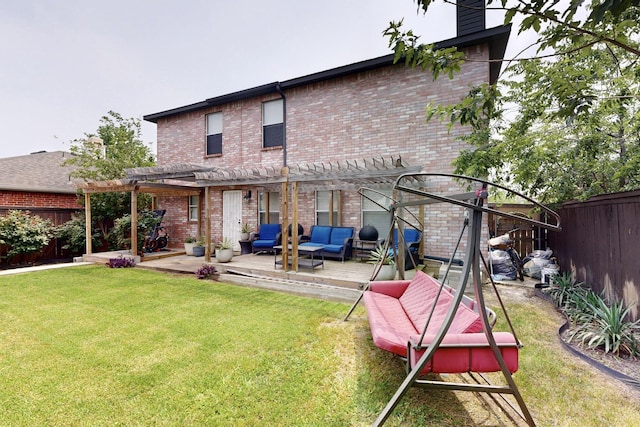 2908 Quail Run Dr, Mesquite, TX 75149 - back of property featuring a pergola, an outdoor living space, brick siding, a chimney, and a wooden deck