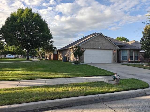 4415 Shady Elm Dr, Mansfield, TX 76063 - ranch-style home featuring an attached garage, concrete driveway, a front lawn, central AC unit, and brick siding
