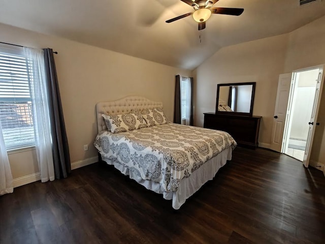 4415 Shady Elm Dr, Mansfield, TX 76063 - bedroom with lofted ceiling, dark wood-type flooring, baseboards, and ceiling fan