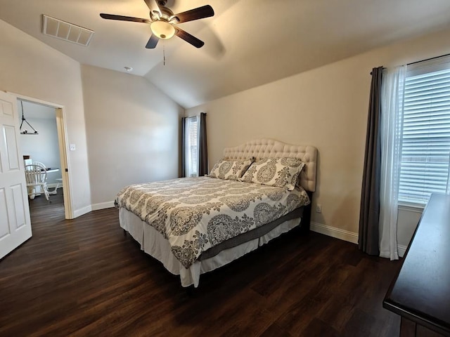 4415 Shady Elm Dr, Mansfield, TX 76063 - bedroom with baseboards, dark wood-style flooring, vaulted ceiling, and a ceiling fan
