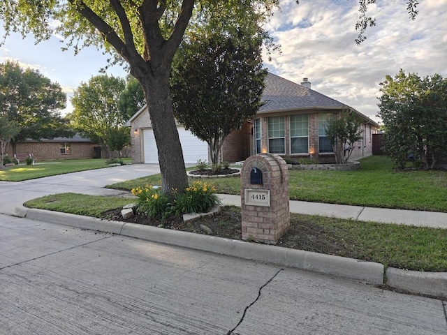 4415 Shady Elm Dr, Mansfield, TX 76063 - obstructed view of property featuring concrete driveway, a front lawn, brick siding, and a garage