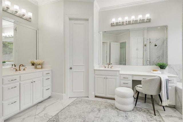 6408 Riverside Dr, Plano, TX 75024 - full bath featuring marble look tiles, ornamental molding, a marble finish shower, two vanities, and baseboards