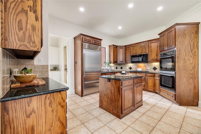 6408 Riverside Dr, Plano, TX 75024 - kitchen with black appliances, backsplash, dark stone countertops, ornamental molding, and recessed lighting