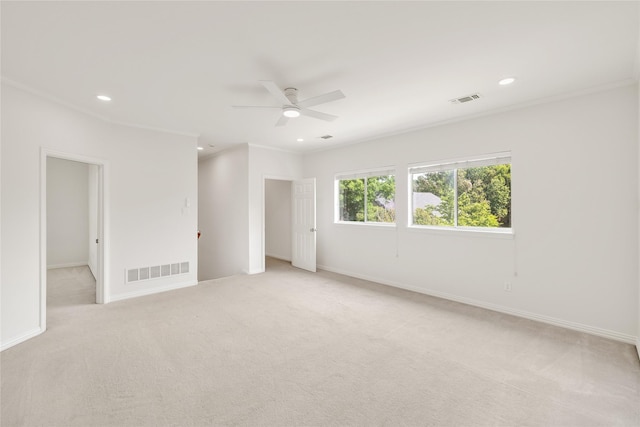 6408 Riverside Dr, Plano, TX 75024 - empty room with recessed lighting, light carpet, baseboards, ceiling fan, and crown molding