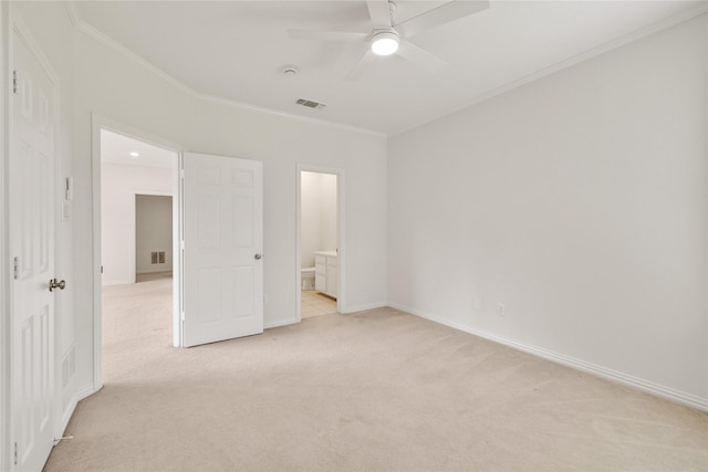 6408 Riverside Dr, Plano, TX 75024 - unfurnished bedroom with light carpet, crown molding, baseboards, connected bathroom, and a ceiling fan