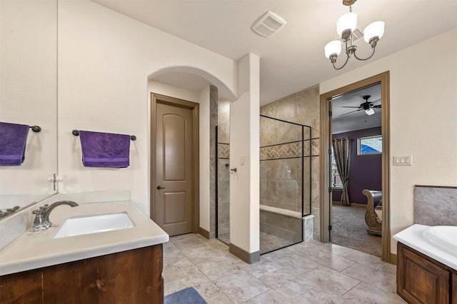 13818 Mammoth Cave Ln, Frisco, TX 75035 - ensuite bathroom with vanity, a stall shower, tile patterned floors, and baseboards