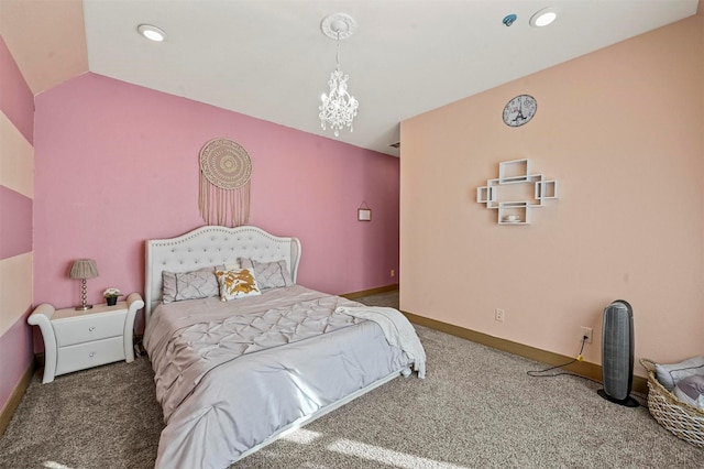 13818 Mammoth Cave Ln, Frisco, TX 75035 - carpeted bedroom with baseboards, a chandelier, lofted ceiling, and recessed lighting
