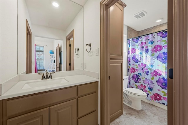 13818 Mammoth Cave Ln, Frisco, TX 75035 - bathroom featuring toilet, vanity, a shower with shower curtain, and tile patterned flooring