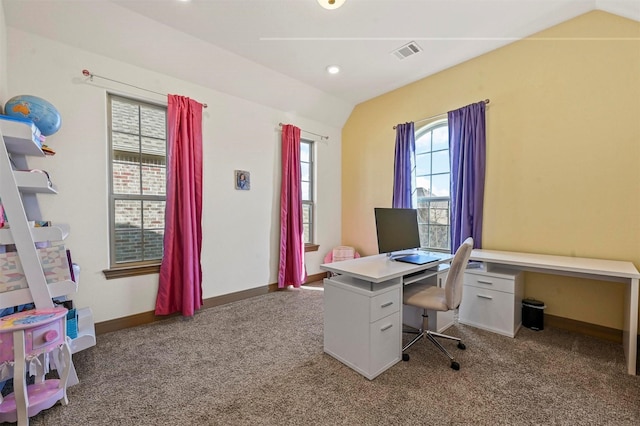 13818 Mammoth Cave Ln, Frisco, TX 75035 - home office with lofted ceiling, light carpet, baseboards, and recessed lighting