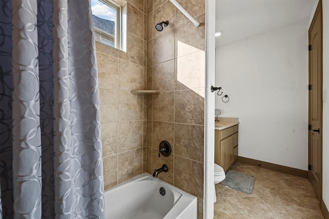 13818 Mammoth Cave Ln, Frisco, TX 75035 - full bathroom featuring shower / bath combo, vanity, toilet, tile patterned flooring, and baseboards