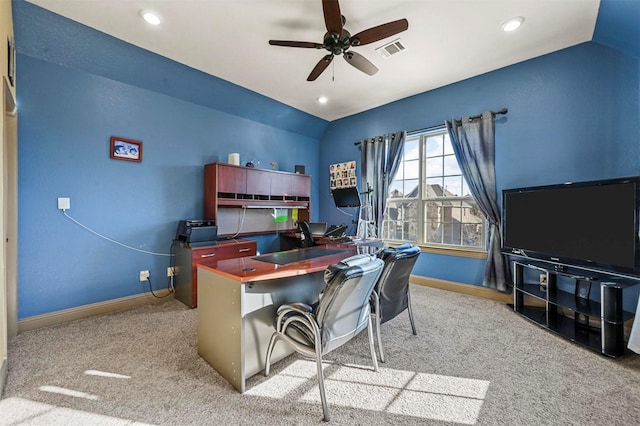 13818 Mammoth Cave Ln, Frisco, TX 75035 - home office featuring lofted ceiling, carpet, ceiling fan, baseboards, and recessed lighting