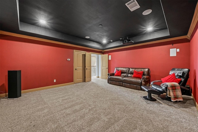13818 Mammoth Cave Ln, Frisco, TX 75035 - carpeted home theater featuring a tray ceiling and baseboards