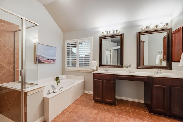 851 Carolina Way, Lantana, TX 76226 - full bath featuring double vanity, a bath, lofted ceiling, a shower stall, and tile patterned floors