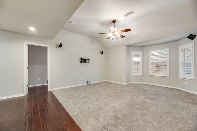 851 Carolina Way, Lantana, TX 76226 - spare room with a ceiling fan, baseboards, lofted ceiling, dark wood-style flooring, and recessed lighting