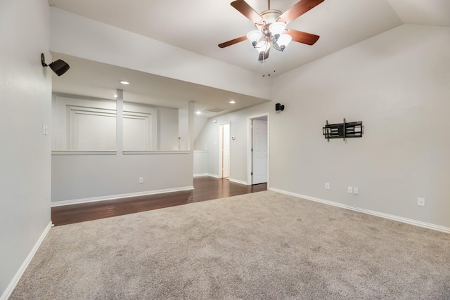 851 Carolina Way, Lantana, TX 76226 - spare room with dark colored carpet, lofted ceiling, ceiling fan, baseboards, and recessed lighting