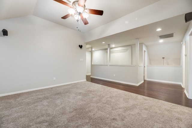 851 Carolina Way, Lantana, TX 76226 - empty room with dark carpet, lofted ceiling, ceiling fan, baseboards, and recessed lighting