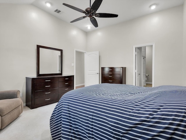 1308 River Birch Ln, Carrollton, TX 75007 - bedroom with light carpet, high vaulted ceiling, baseboards, and ceiling fan