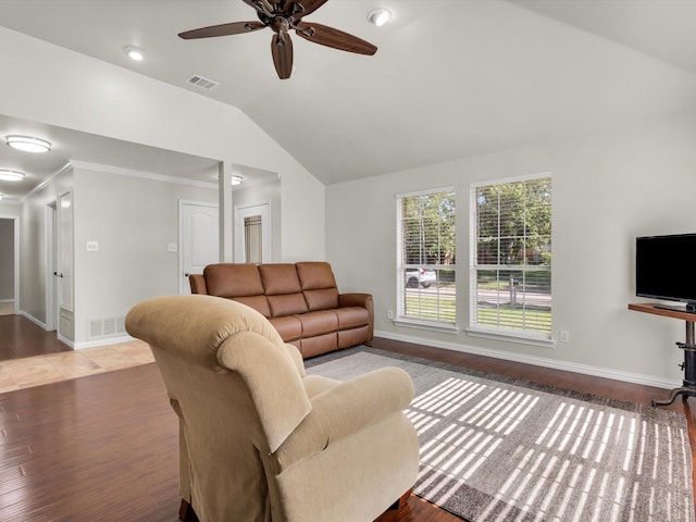 1308 River Birch Ln, Carrollton, TX 75007 - living room featuring vaulted ceiling, wood finished floors, ceiling fan, baseboards, and recessed lighting