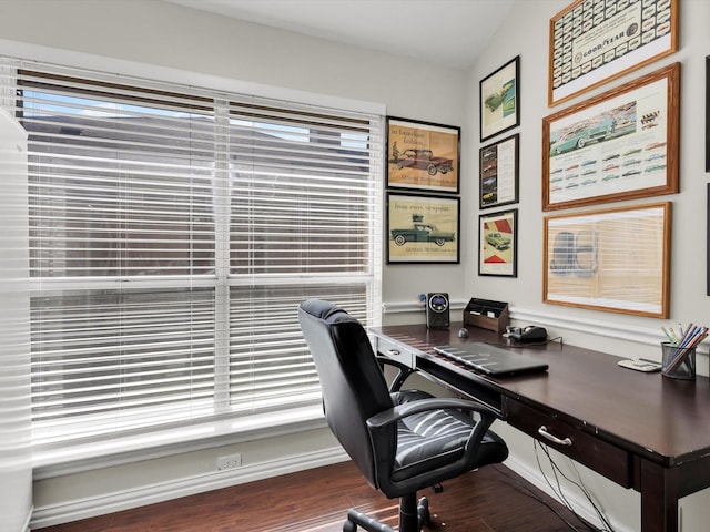 1308 River Birch Ln, Carrollton, TX 75007 - office with wood finished floors, baseboards, and vaulted ceiling