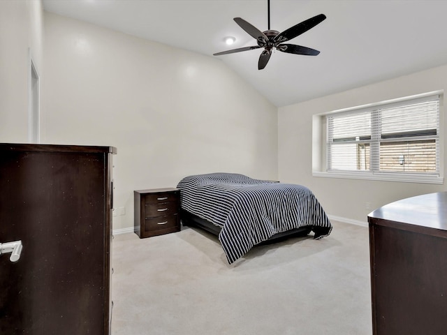 1308 River Birch Ln, Carrollton, TX 75007 - bedroom with vaulted ceiling, baseboards, light carpet, and ceiling fan