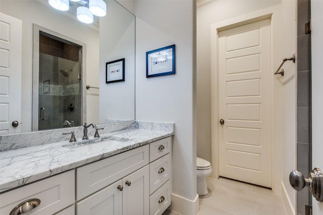 11240 Rosser Rd, Dallas, TX 75229 - bathroom with vanity, a stall shower, tile patterned flooring, toilet, and baseboards