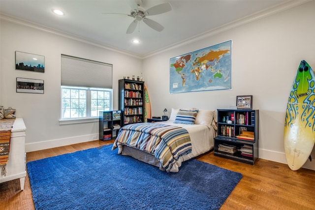 11240 Rosser Rd, Dallas, TX 75229 - bedroom with ornamental molding, baseboards, wood finished floors, recessed lighting, and a ceiling fan