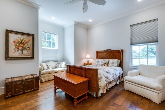 11240 Rosser Rd, Dallas, TX 75229 - bedroom with crown molding, wood finished floors, recessed lighting, and ceiling fan